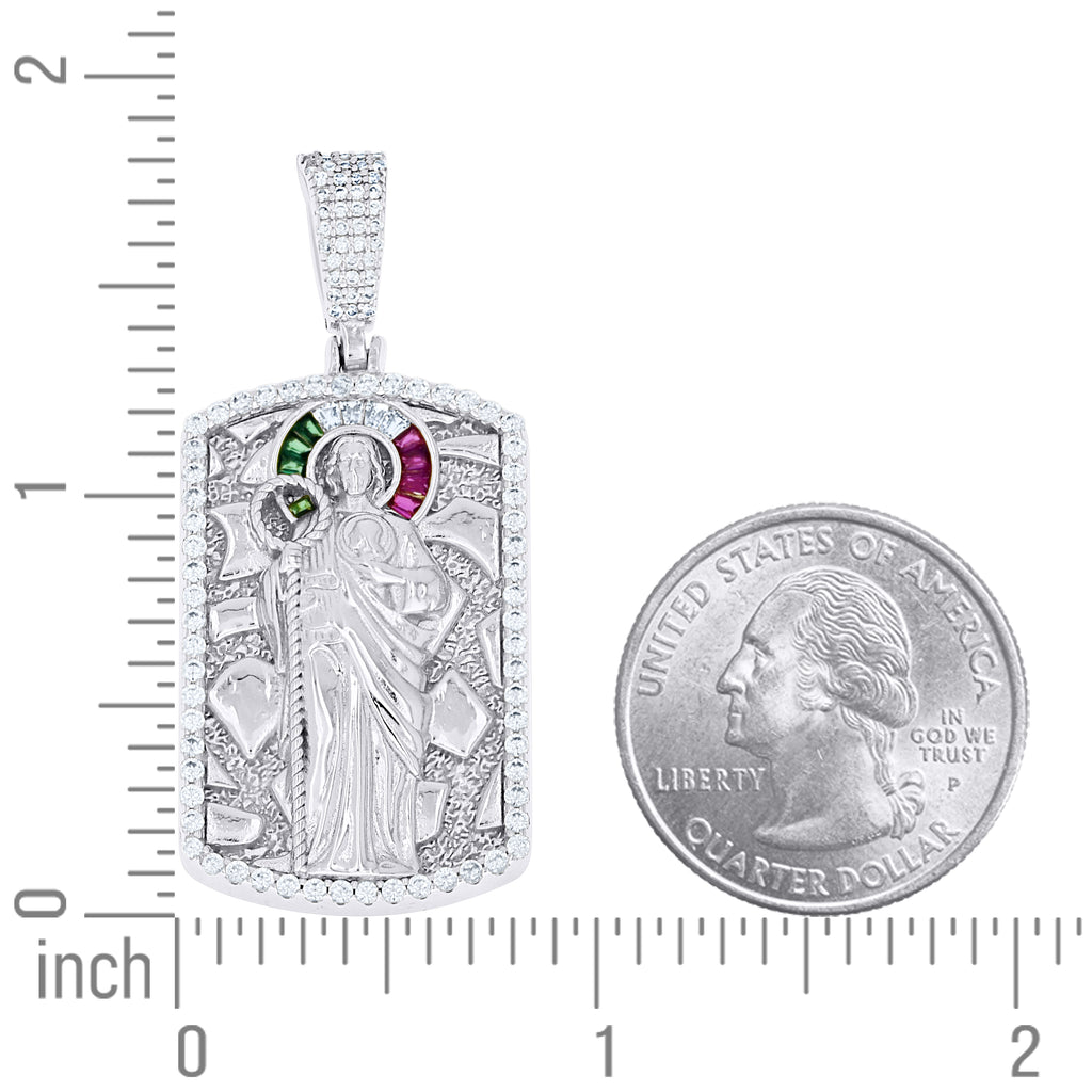 925 Sterling Silver Men White Green/Purple Round Baguette Cubic-Zirconia Nugget Dog Tag St. Jude Religious Charm Pendant