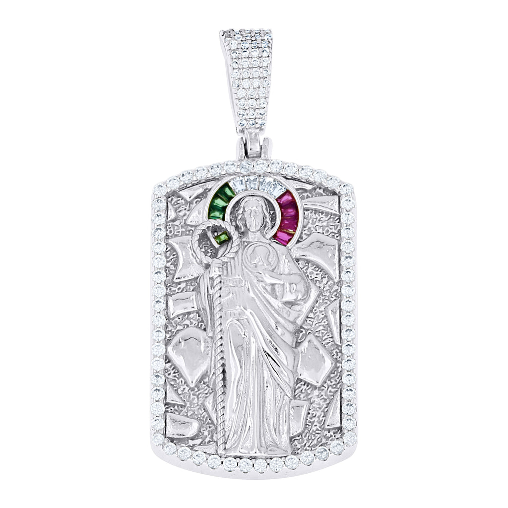 925 Sterling Silver Men White Green/Purple Round Baguette Cubic-Zirconia Nugget Dog Tag St. Jude Religious Charm Pendant