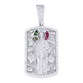 925 Sterling Silver Men White Green/Purple Round Baguette Cubic-Zirconia Nugget Dog Tag St. Jude Religious Charm Pendant