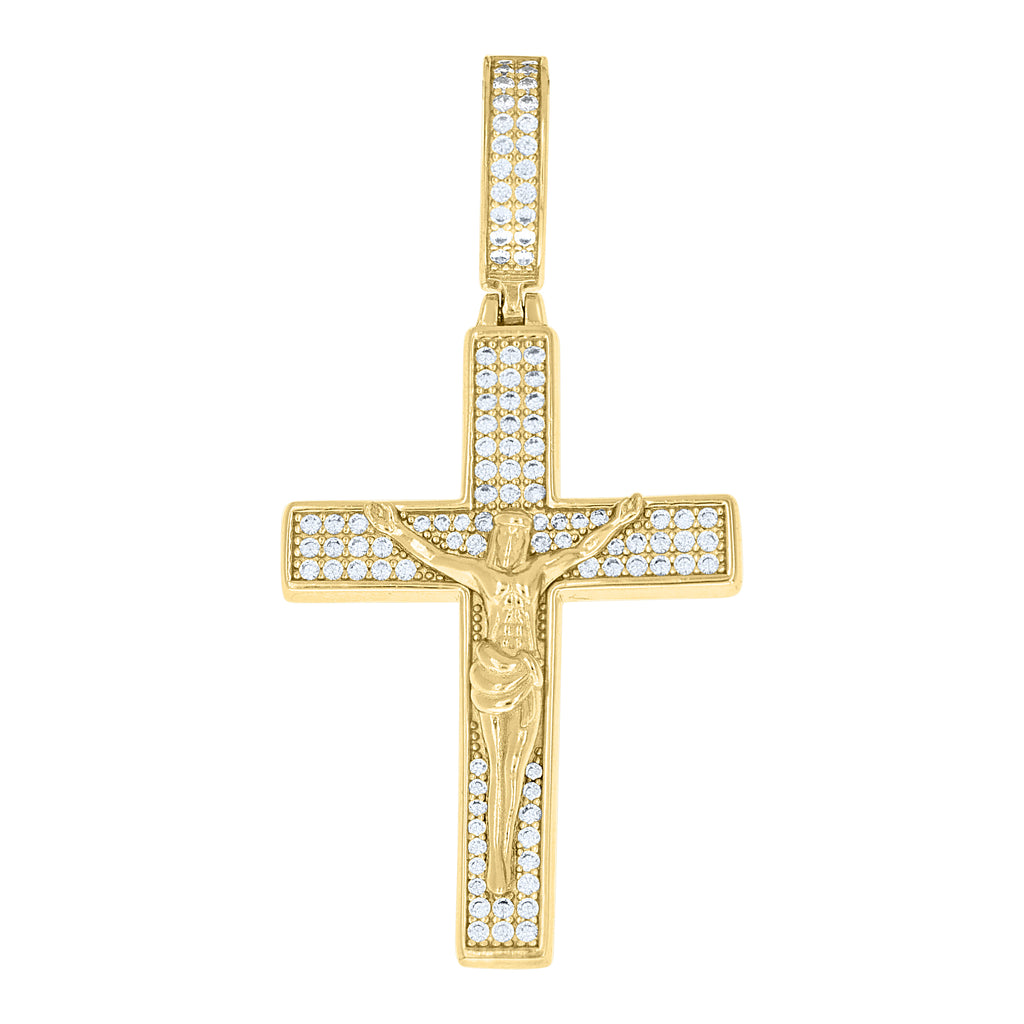 925 Sterling Silver Yellow-tone Unisex Cubic-Zirconia Crucifix Cross Religious Charm Pendant