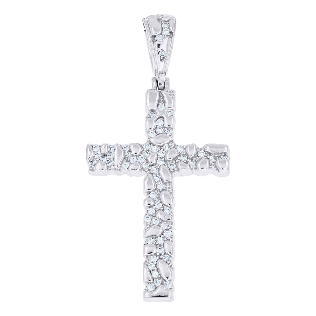 925 Sterling Silver Unisex Cubic-Zirconia Nugget Cross Religious Pendant