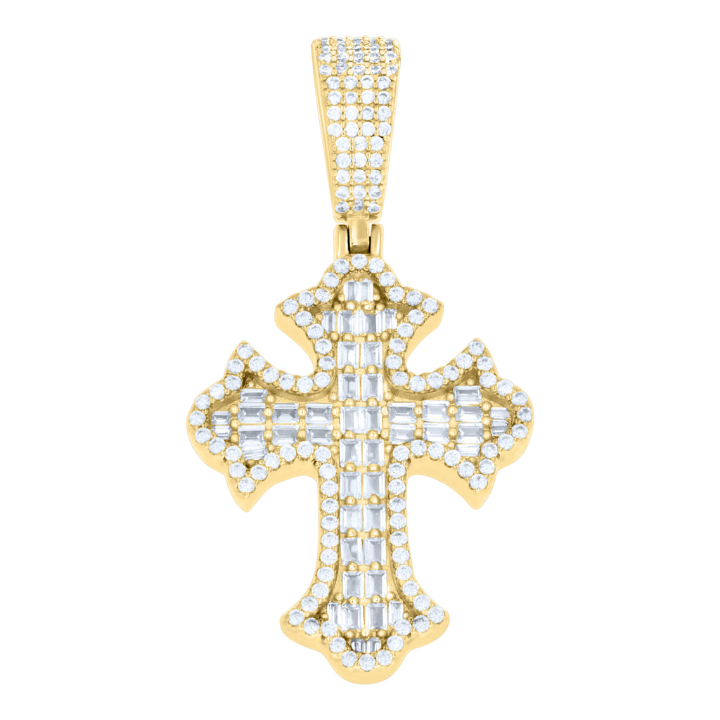 925 Sterling Silver Yellow-tone Unisex Round Baguette Cubic-Zirconia Cross Religious Charm Pendant