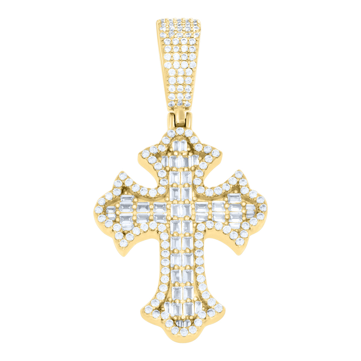 925 Sterling Silver Yellow-tone Unisex Round Baguette Cubic-Zirconia Cross Religious Charm Pendant
