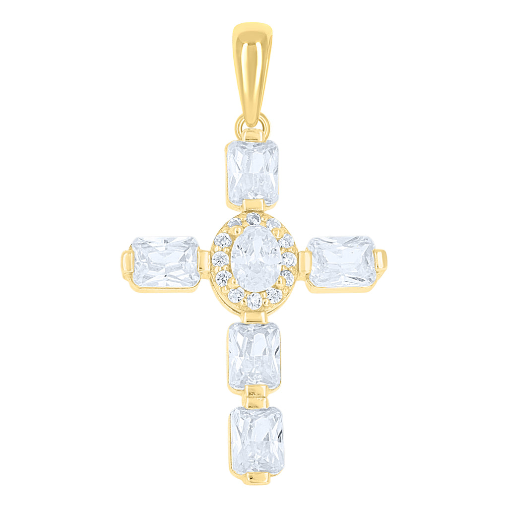 925 Sterling Silver Yellow-tone Unisex Round Oval/Emerald-cut Cubic-Zirconia Cross Religious Charm Pendant