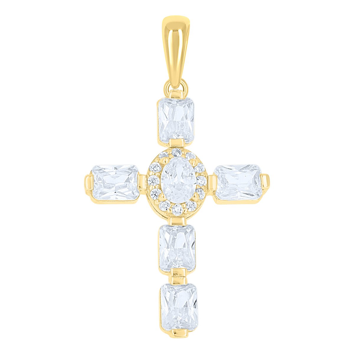 925 Sterling Silver Yellow-tone Unisex Round Oval/Emerald-cut Cubic-Zirconia Cross Religious Charm Pendant
