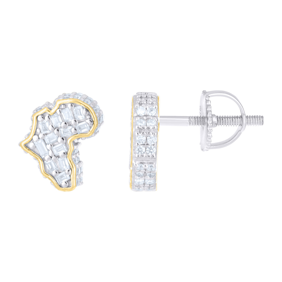 925 Sterling Silver Yellow-Tone Unisex Baguette Round Moissanite Map Fashion Stud Earrings