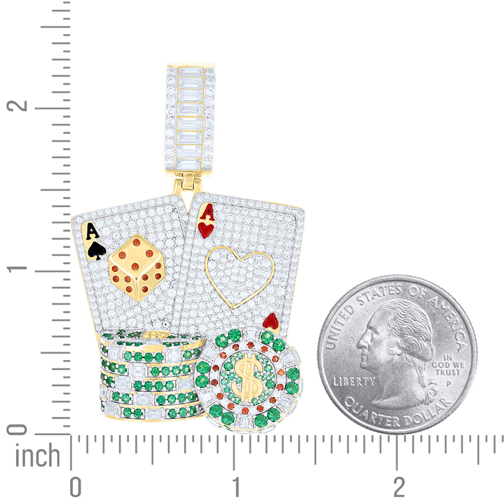925 Sterling Silver Yellow-Tone Mens Green Red Moissanite Enameled Cards Dice Poker Chips Pendant
