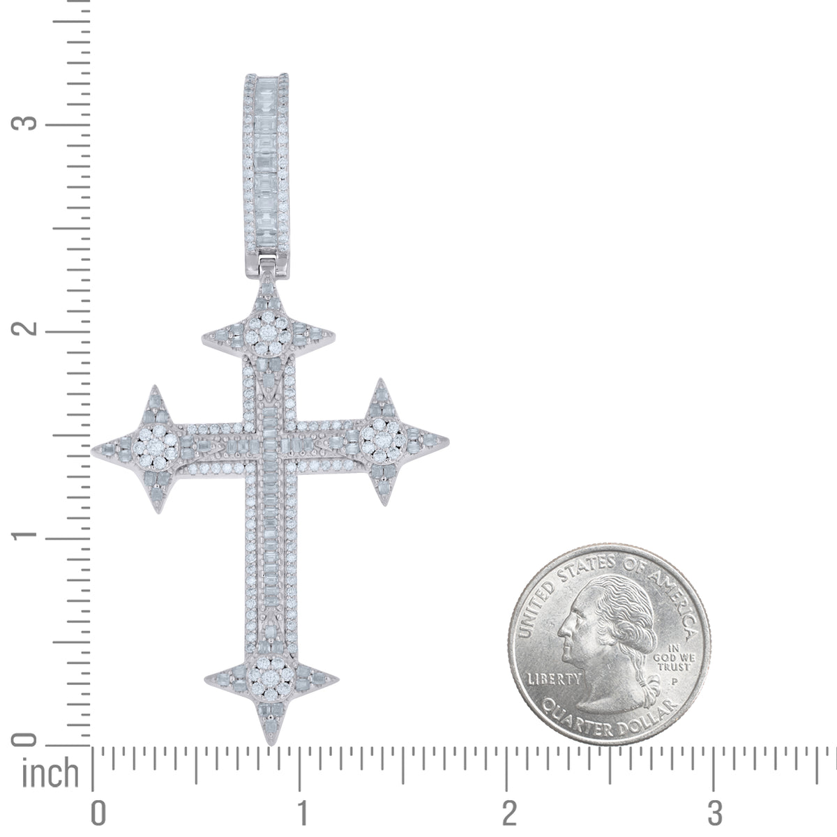 925 Sterling Silver Mens Baguette Round Moissanite Cross Religious Pendant