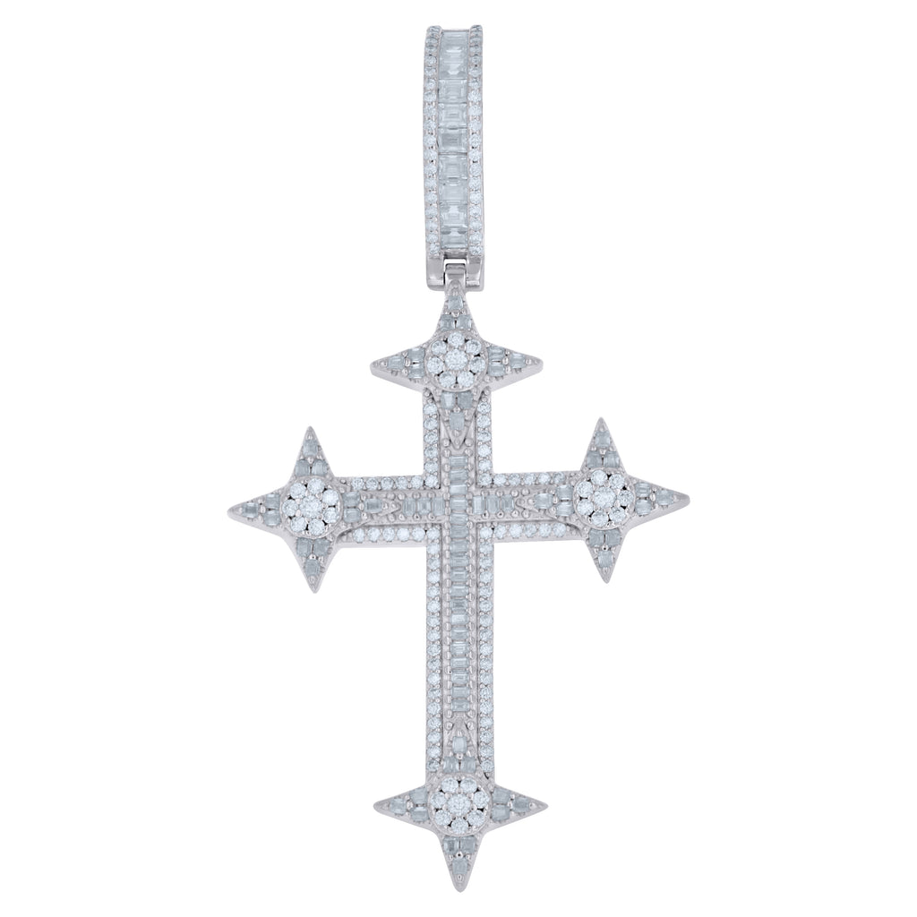 925 Sterling Silver Mens Baguette Round Moissanite Cross Religious Pendant