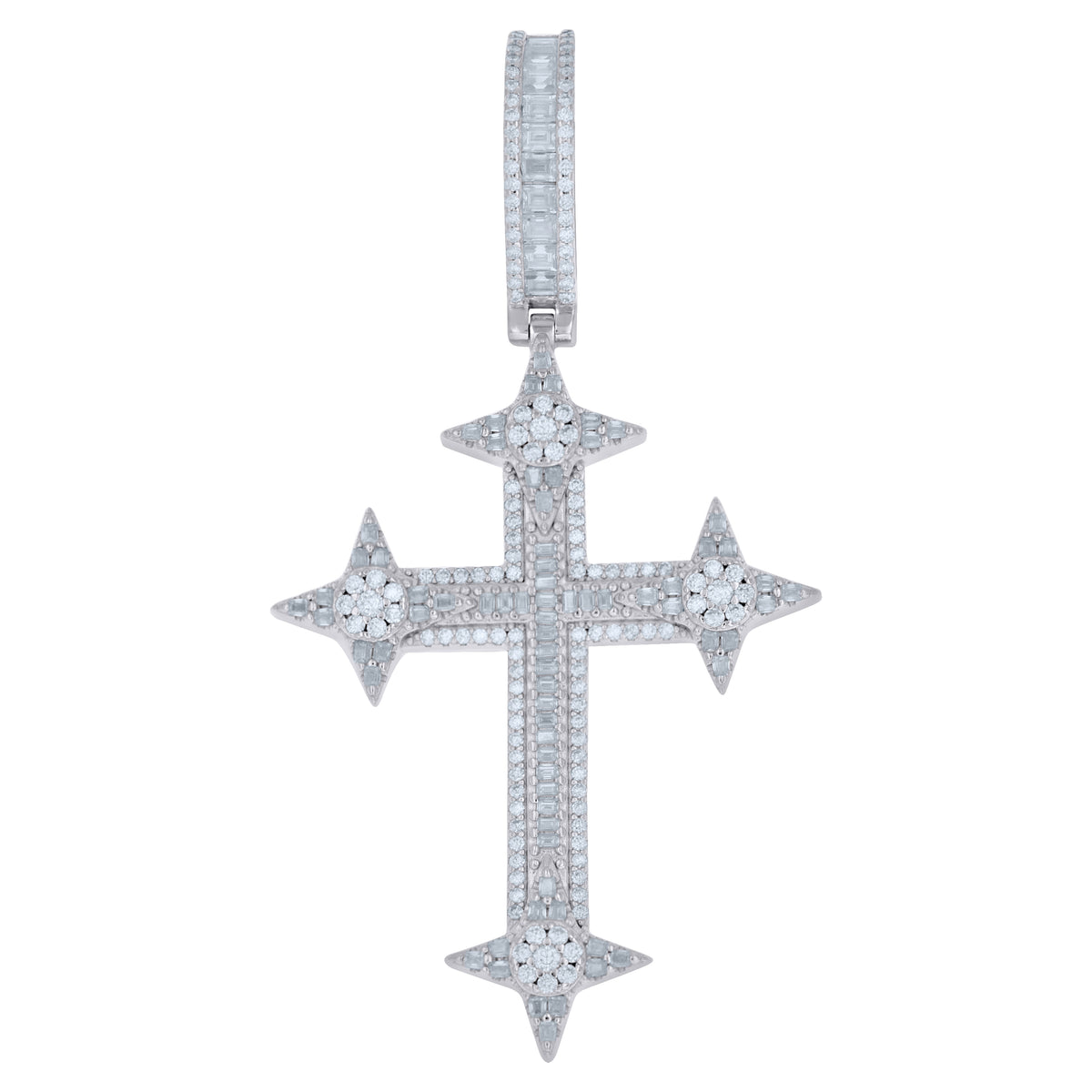 925 Sterling Silver Mens Baguette Round Moissanite Cross Religious Pendant