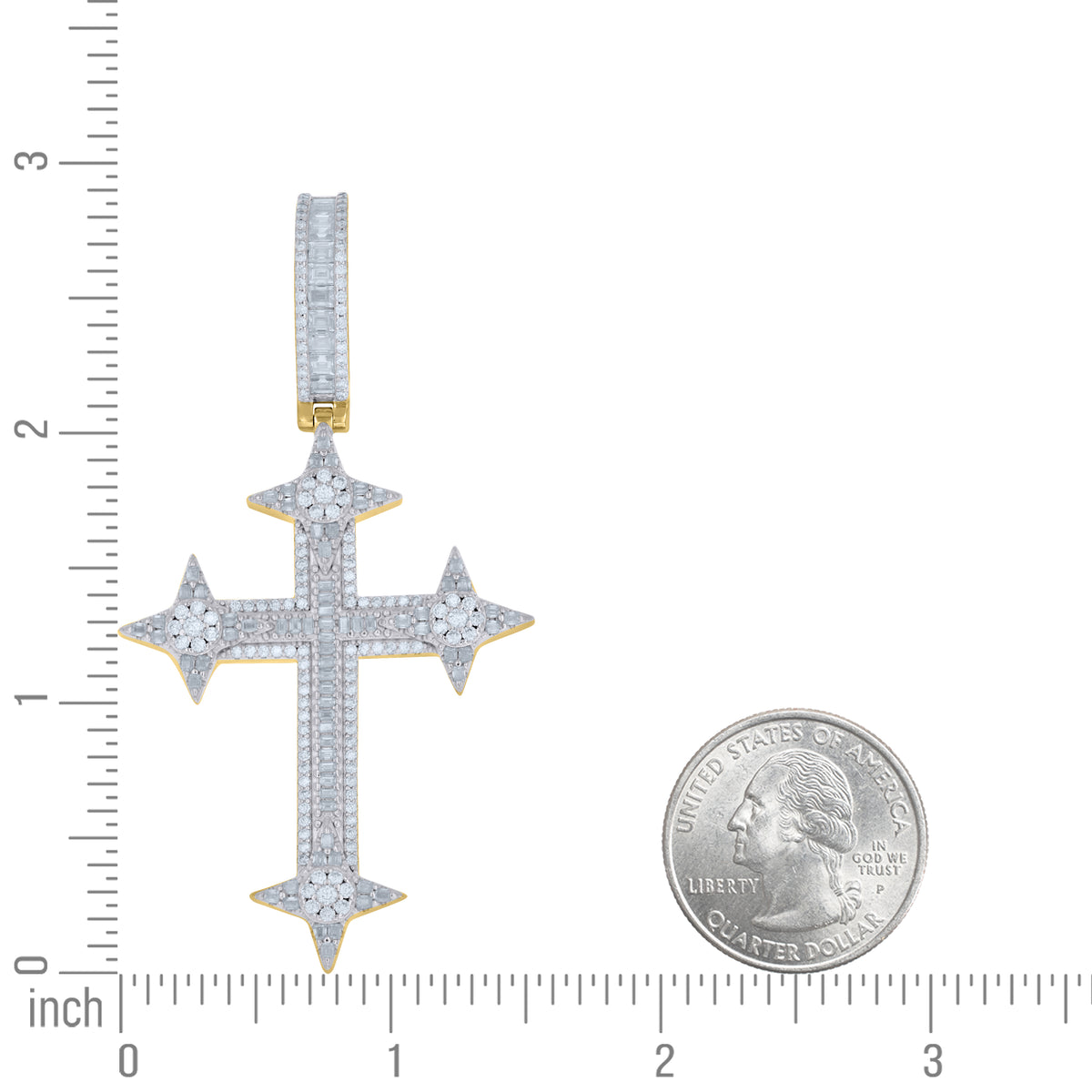 925 Sterling Silver Yellow-Tone Mens Baguette Round Moissanite Cross Religious Pendant