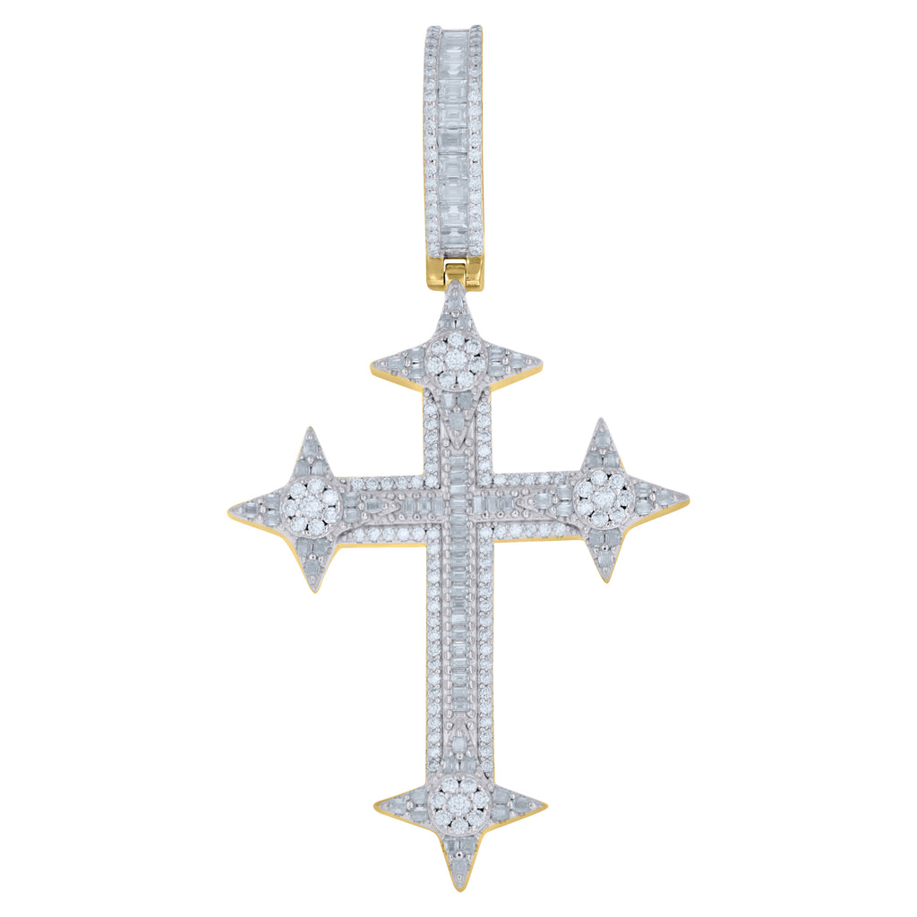 925 Sterling Silver Yellow-Tone Mens Baguette Round Moissanite Cross Religious Pendant