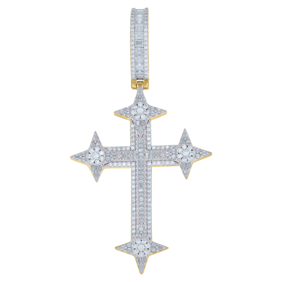 925 Sterling Silver Yellow-Tone Mens Baguette Round Moissanite Cross Religious Pendant