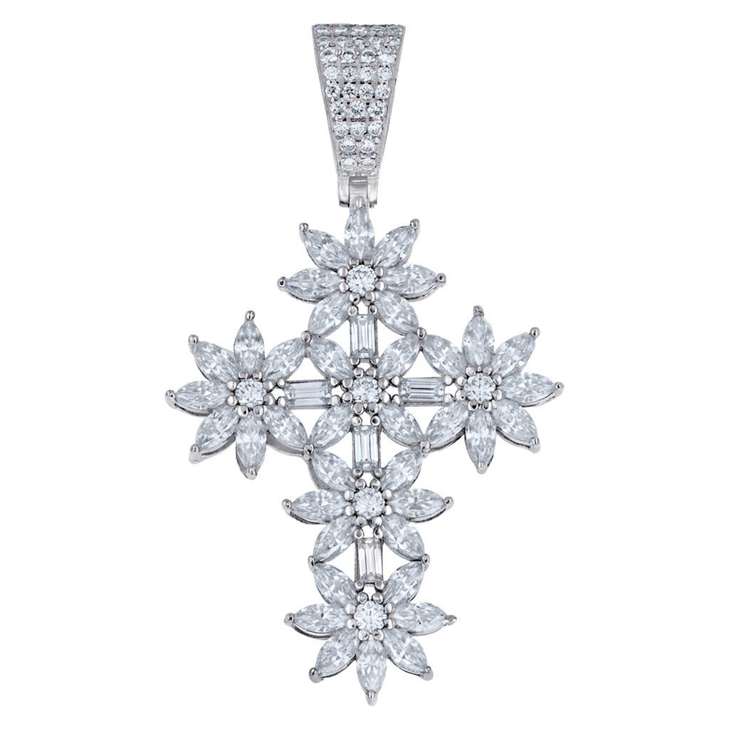 925 Sterling Silver Mens Round Marquise Moissanite Cross Religious Pendant