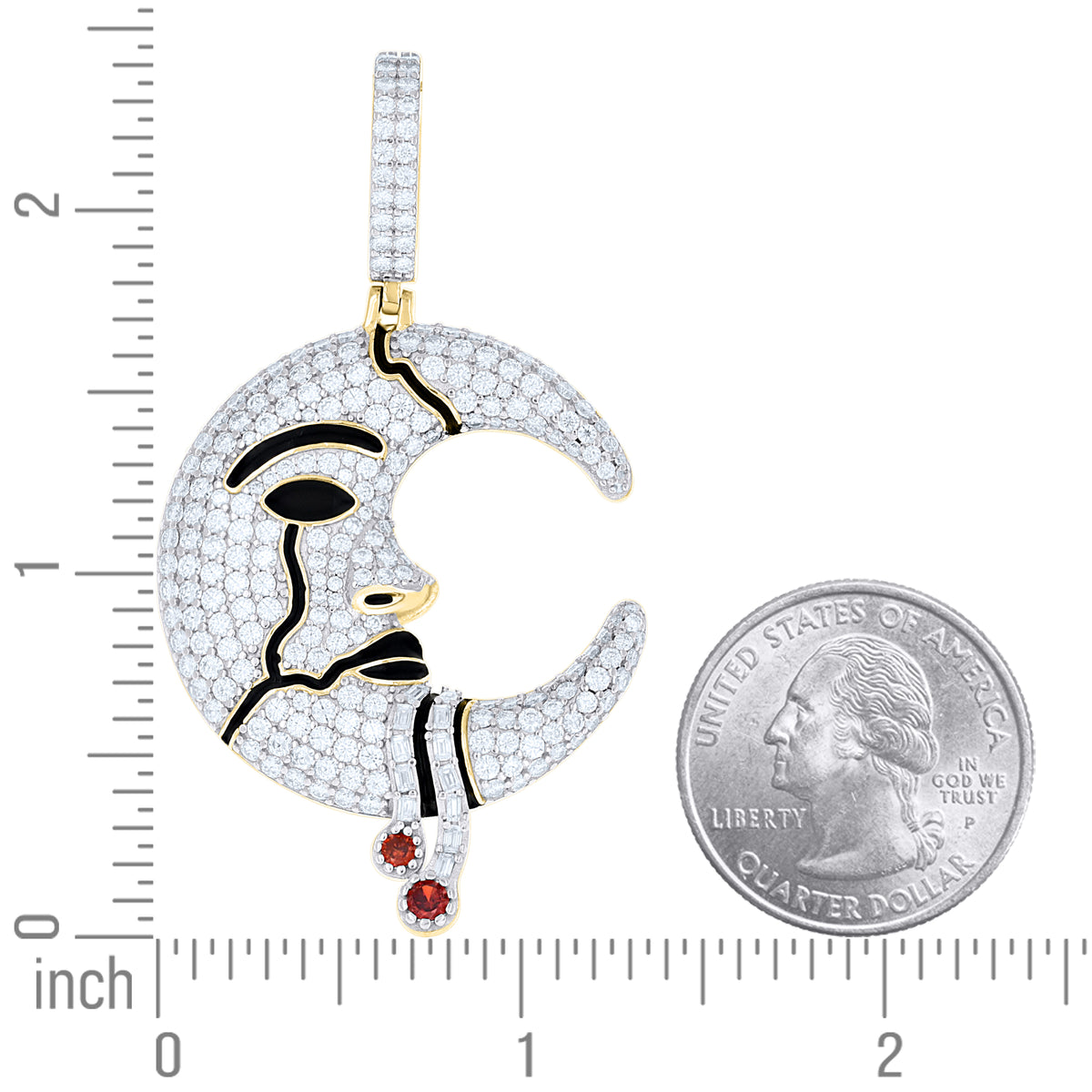 925 Sterling Silver Yellow-Tone Mens Red White Baguette Round Moissanite Enameled Moon Pendant