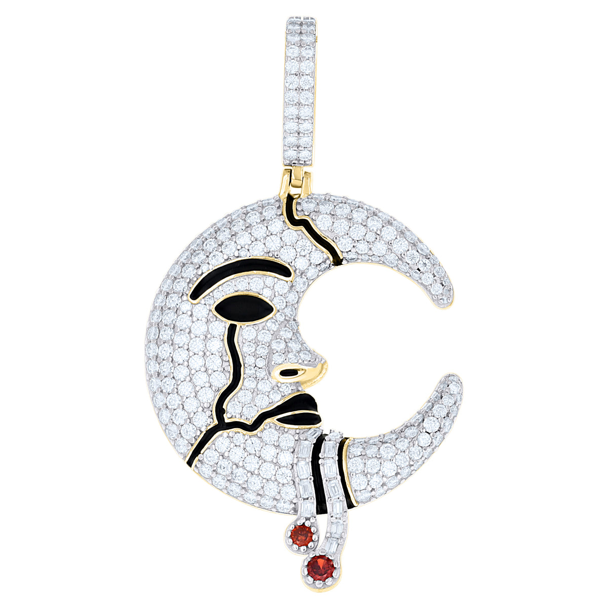 925 Sterling Silver Yellow-Tone Mens Red White Baguette Round Moissanite Enameled Moon Pendant