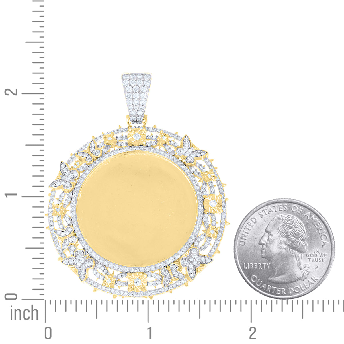 925 Sterling Silver Yellow-Tone Unisex Moissanite Floral Border Round Photo Frame Pendant