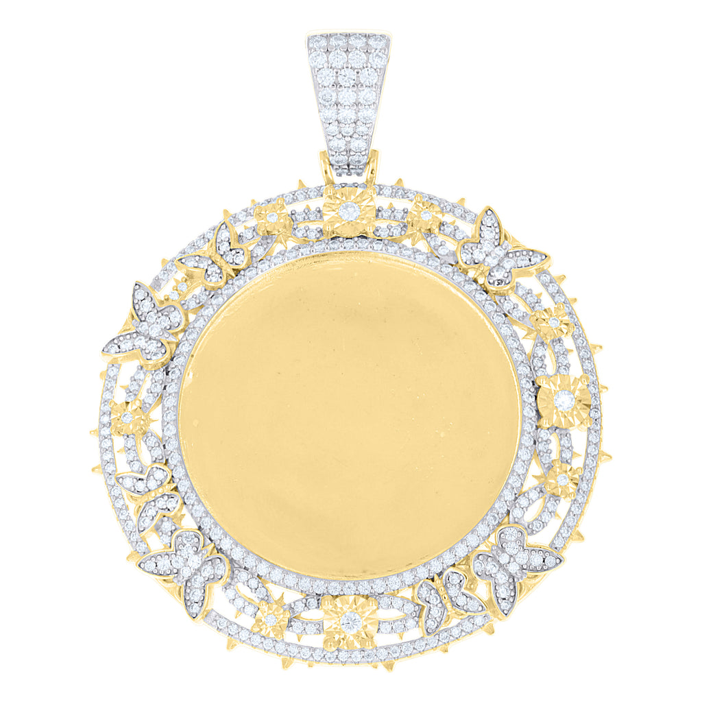 925 Sterling Silver Yellow-Tone Unisex Moissanite Floral Border Round Photo Frame Pendant