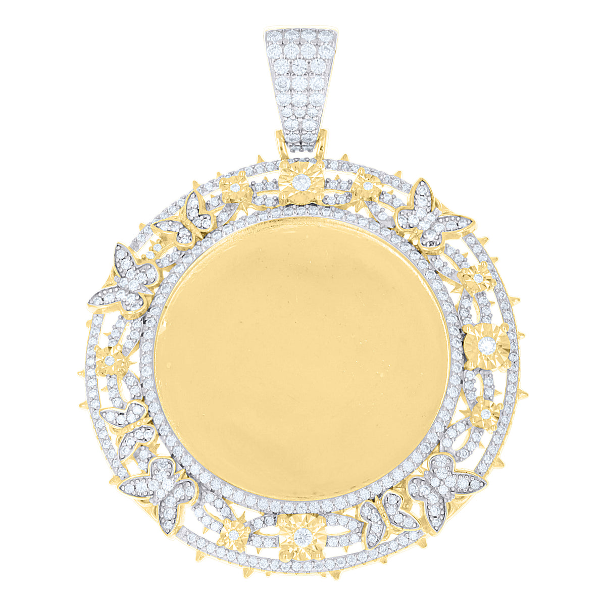 925 Sterling Silver Yellow-Tone Unisex Moissanite Floral Border Round Photo Frame Pendant