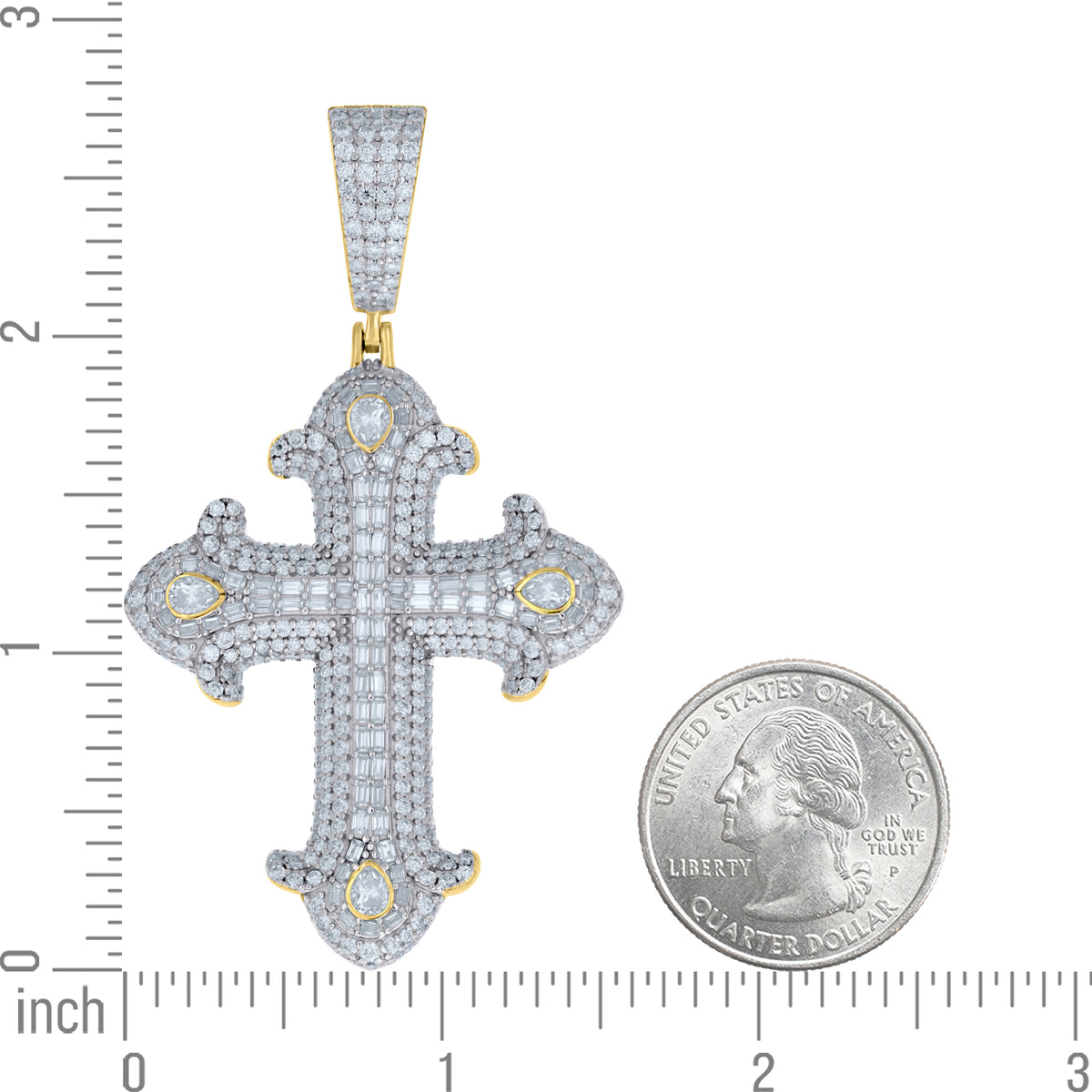 925 Sterling Silver Yellow-tone Mens Round Baguette/Pear Moissanite Cross Religious Pendant
