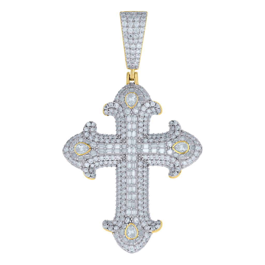 925 Sterling Silver Yellow-tone Mens Round Baguette/Pear Moissanite Cross Religious Pendant