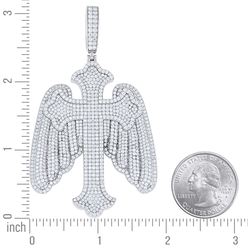 925 Sterling Silver Mens Round Moissanite Wings Cross Religious Pendant