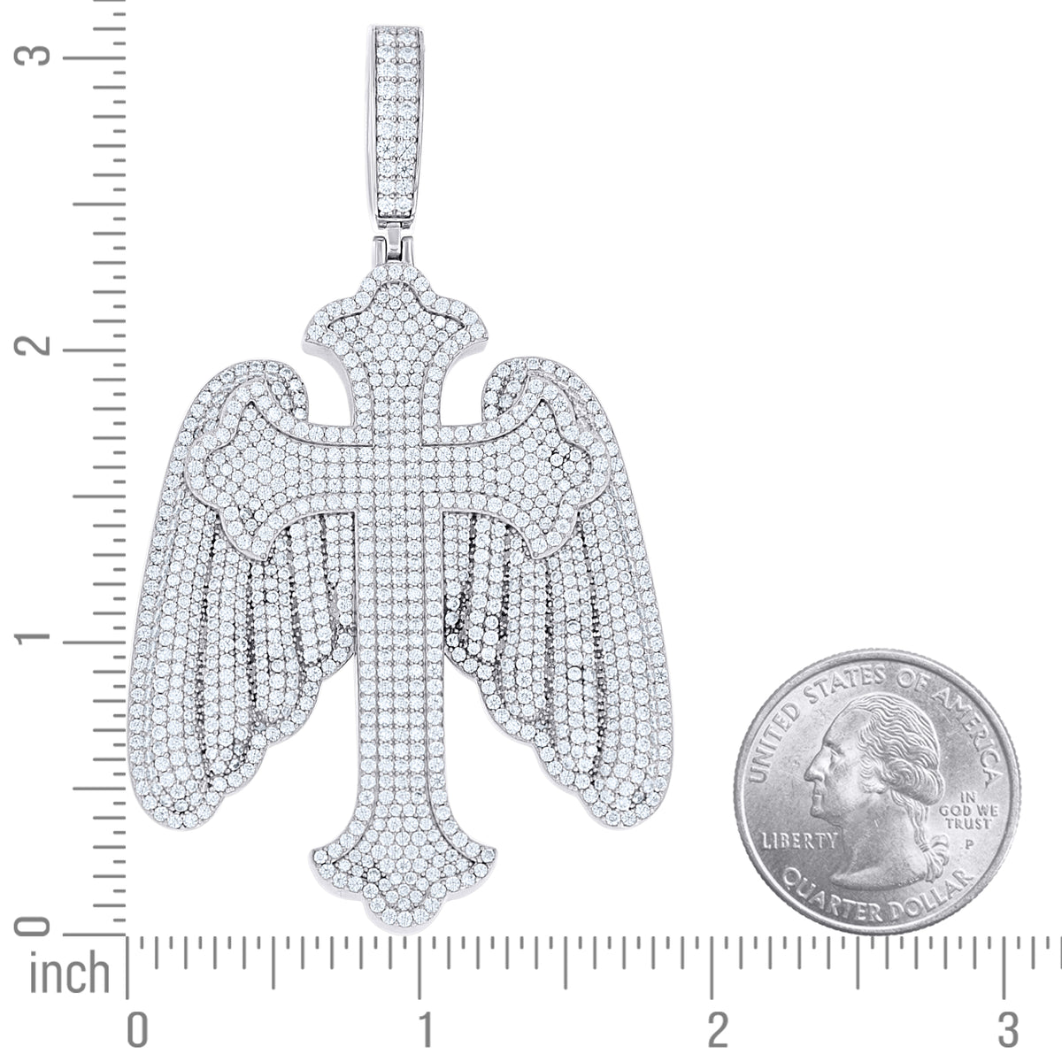 925 Sterling Silver Mens Round Moissanite Wings Cross Religious Pendant