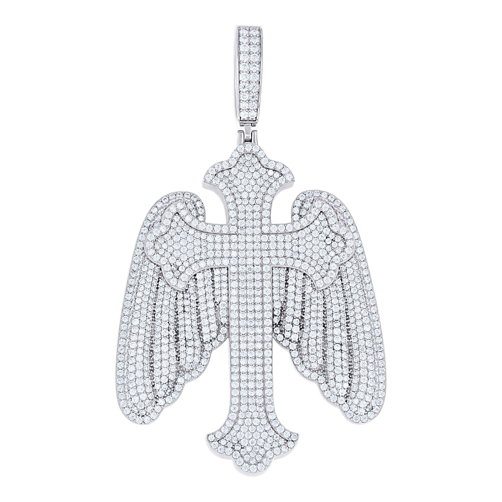 925 Sterling Silver Mens Round Moissanite Wings Cross Religious Pendant