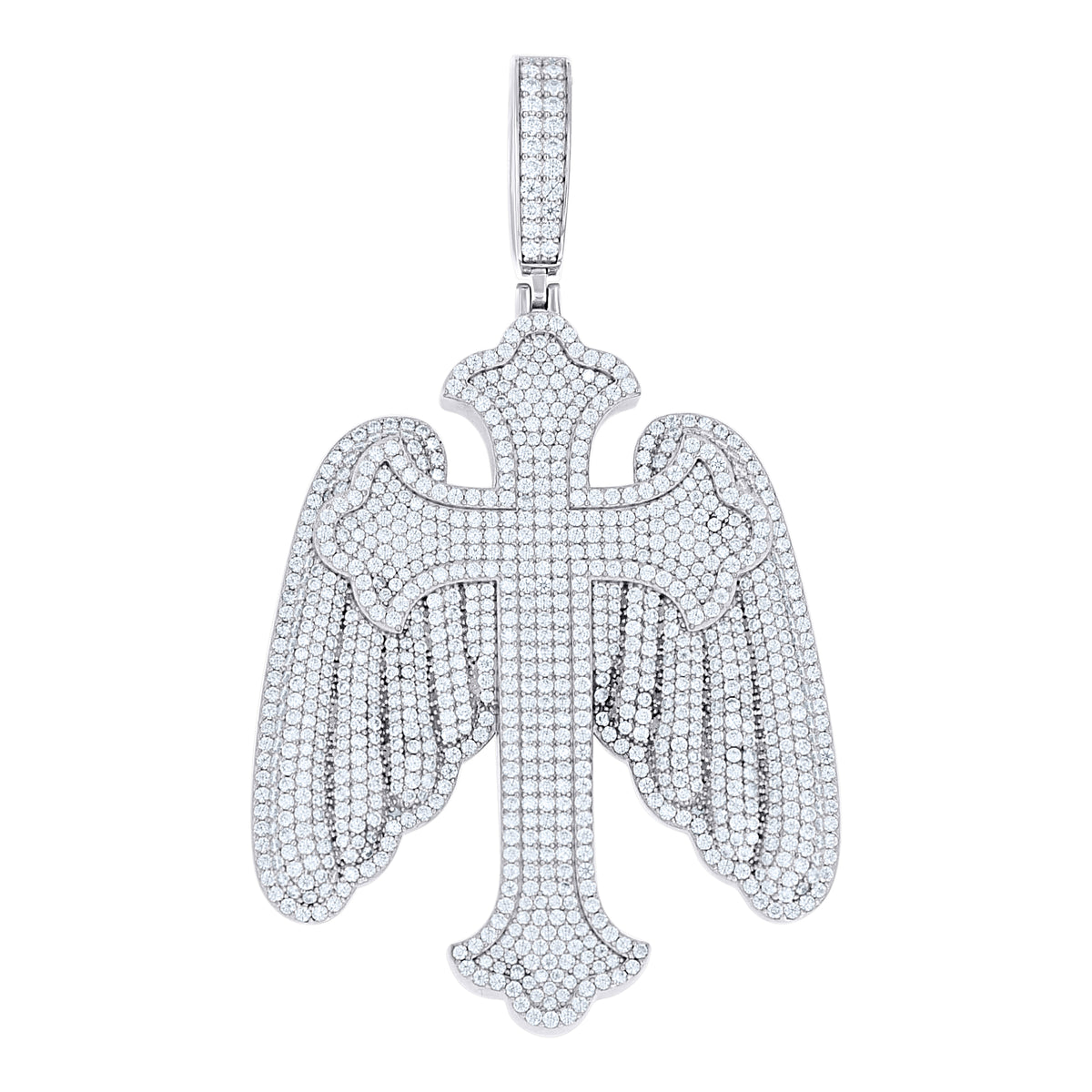 925 Sterling Silver Mens Round Moissanite Wings Cross Religious Pendant