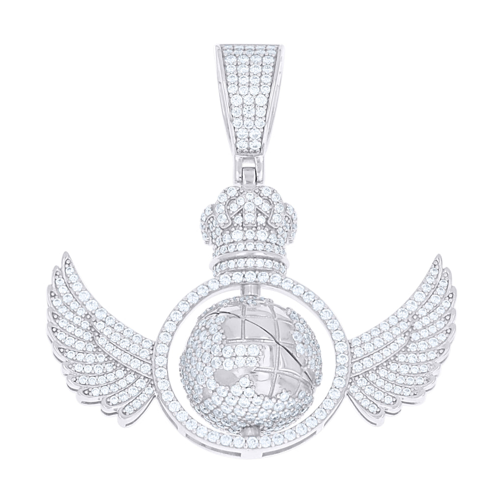 925 Sterling Silver Mens Moissanite Rotating Globe Wing Charm Pendant