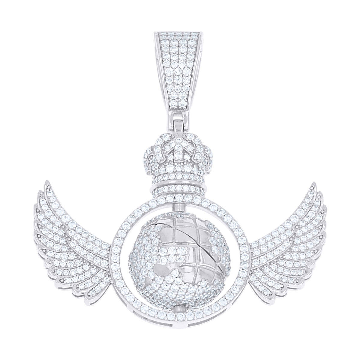 925 Sterling Silver Mens Moissanite Rotating Globe Wing Charm Pendant