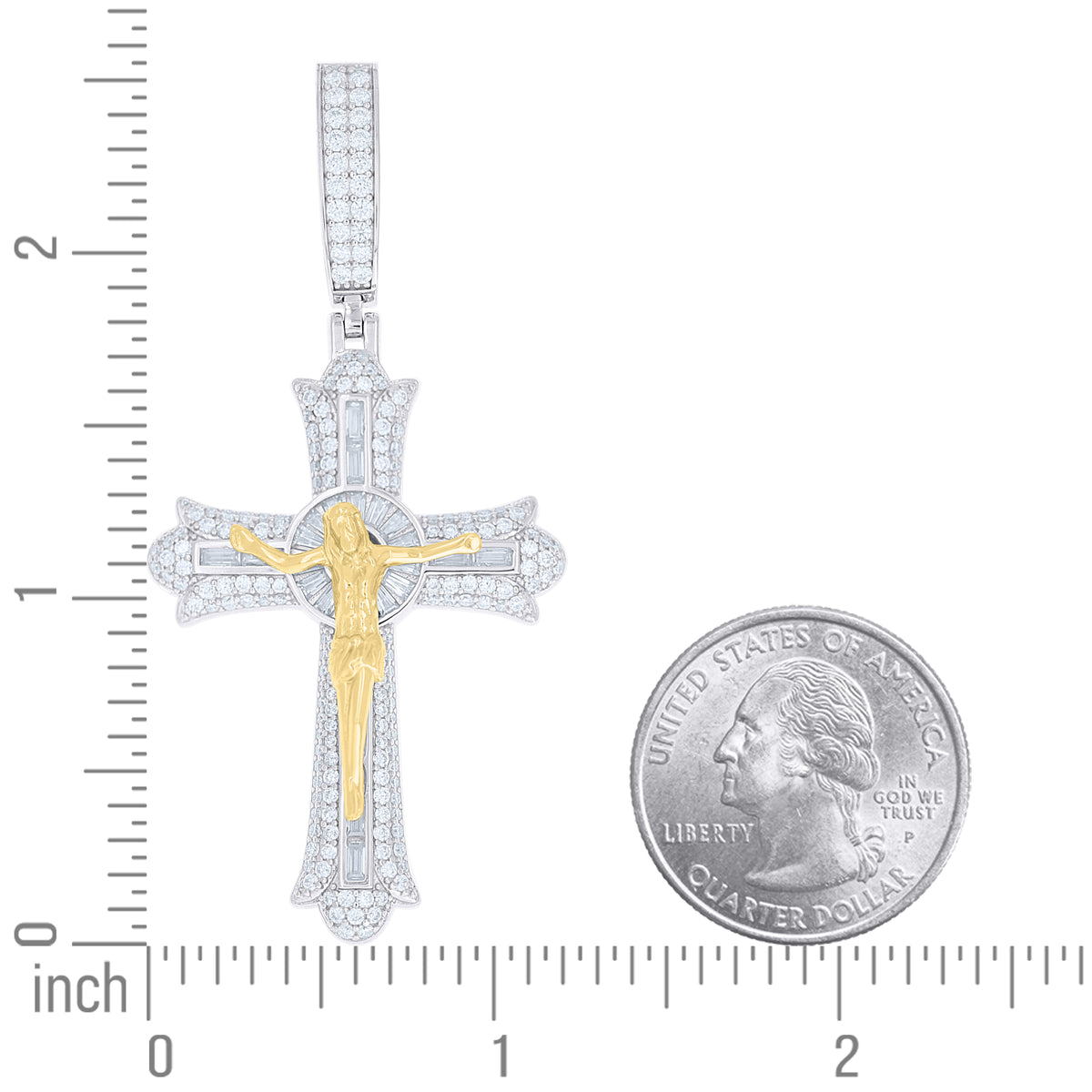 925 Sterling Silver Yellow-tone Mens Round Baguette Moissanite Crucifix Cross Religious Pendant