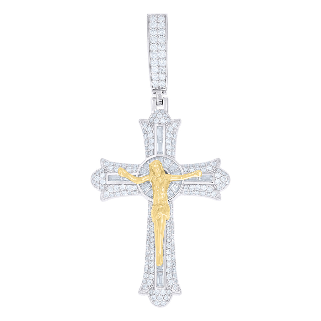 925 Sterling Silver Yellow-tone Mens Round Baguette Moissanite Crucifix Cross Religious Pendant