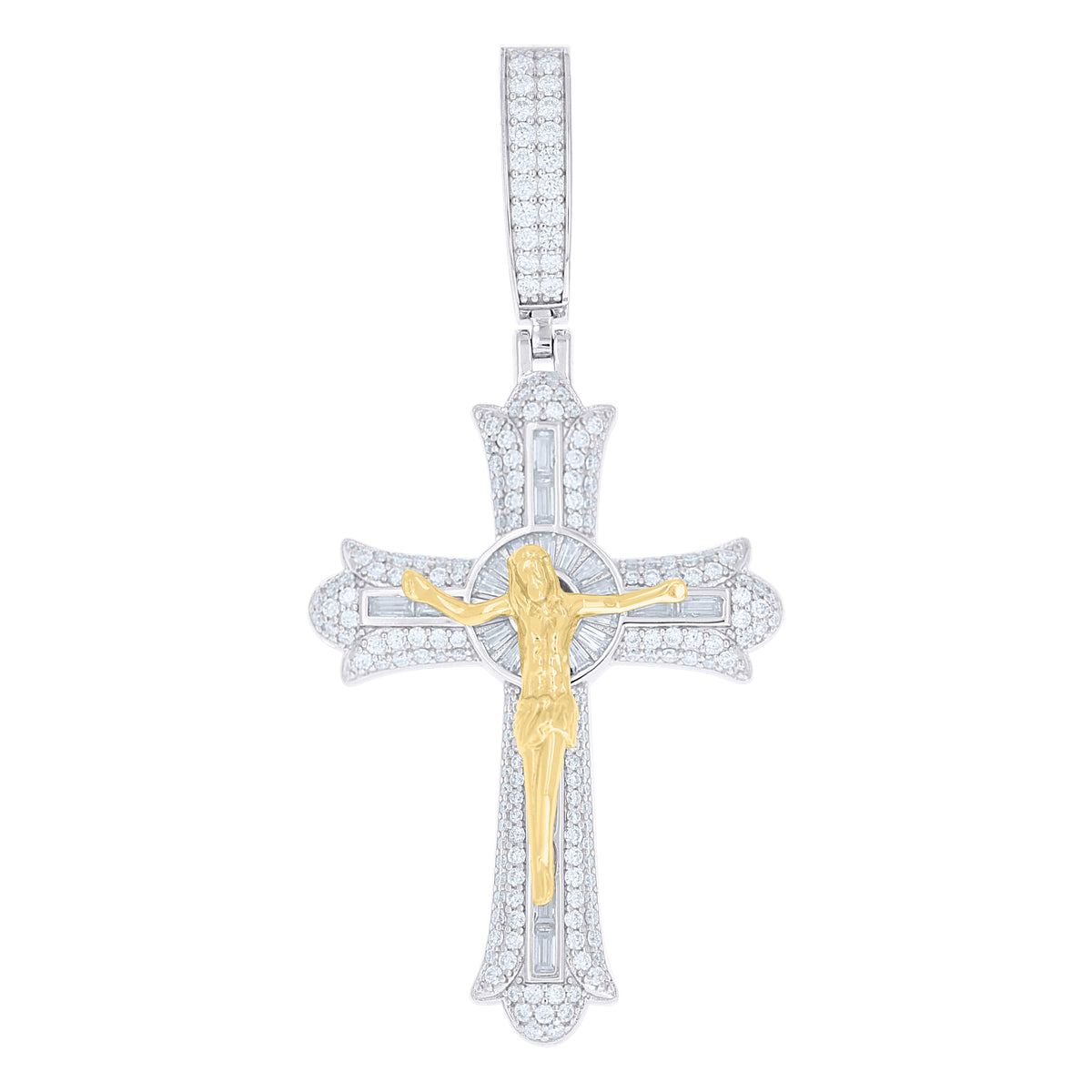 925 Sterling Silver Yellow-tone Mens Round Baguette Moissanite Crucifix Cross Religious Pendant