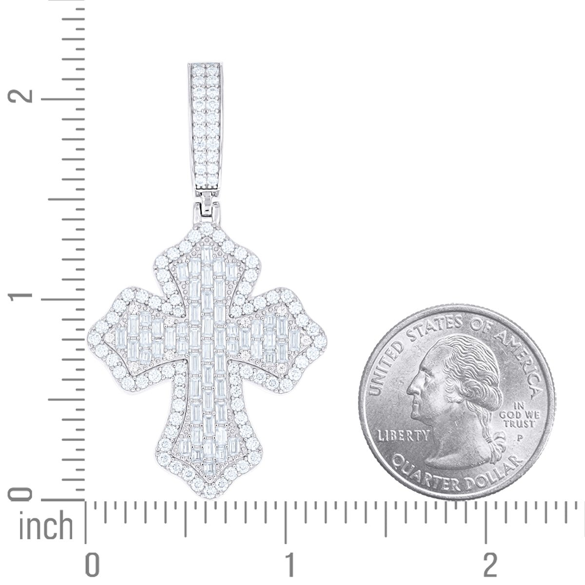 925 Sterling Silver Mens Round Baguette Moissanite Cross Religious Pendant