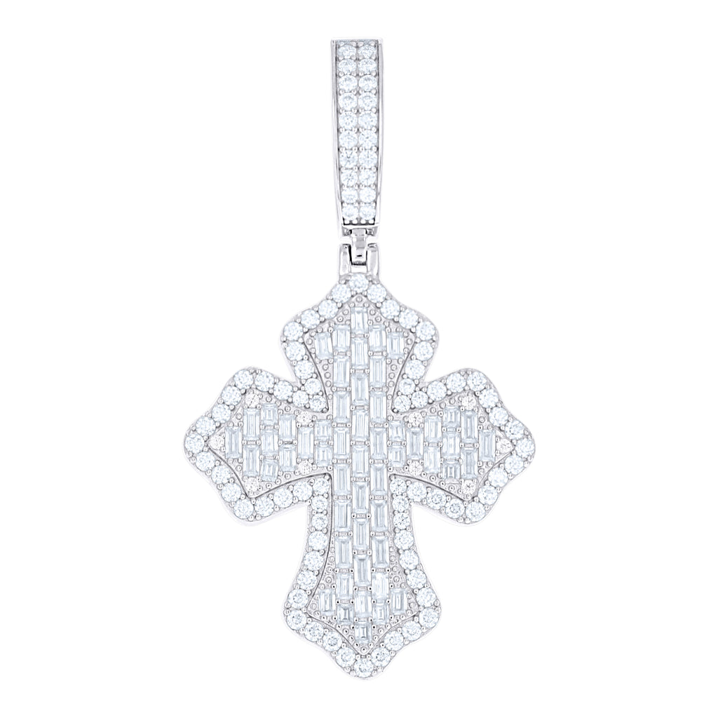 925 Sterling Silver Mens Round Baguette Moissanite Cross Religious Pendant