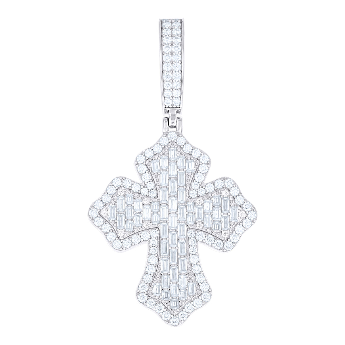 925 Sterling Silver Mens Round Baguette Moissanite Cross Religious Pendant