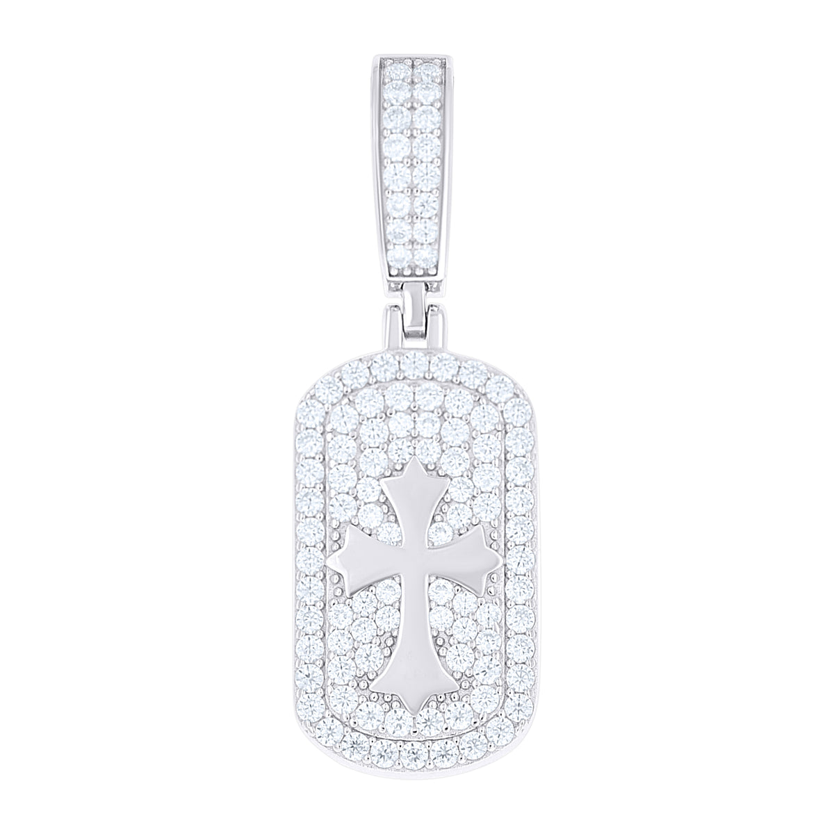 925 Sterling Silver Mens Round Moissanite Cross Religious Dog Tag Pendant
