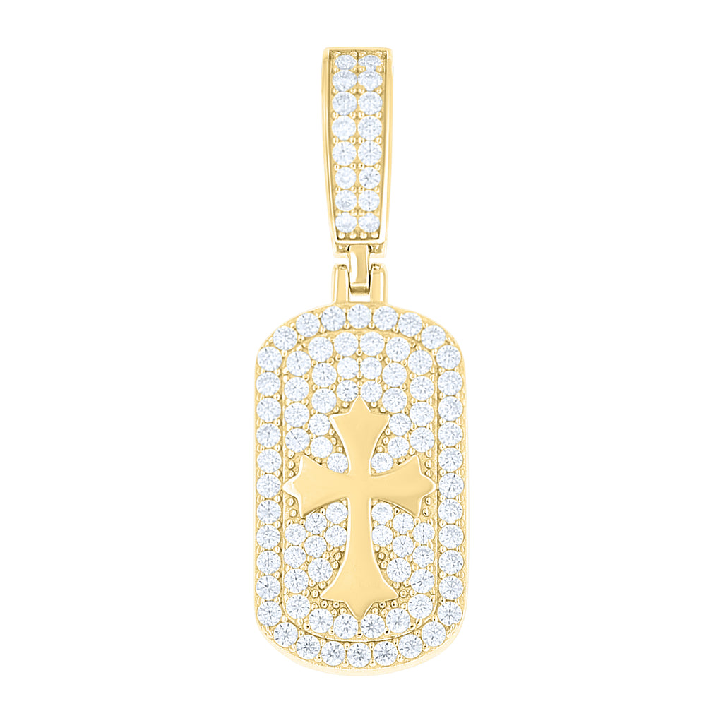 925 Sterling Silver Yellow-tone Mens Round Moissanite Cross Religious Dog Tag Pendant