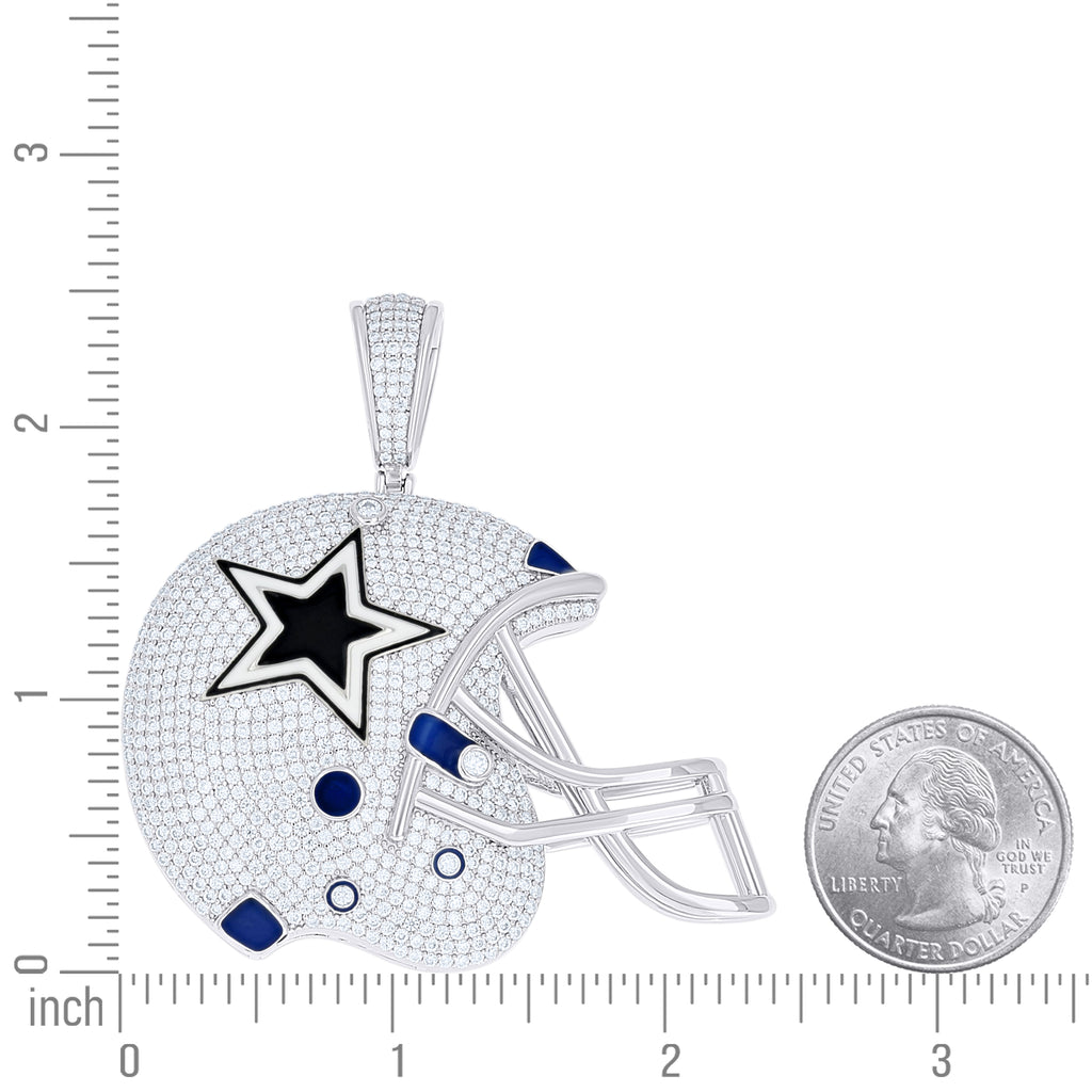 925 Sterling Silver Mens Moissanite Enameled Dallas Cowboys Football Helmet Sports Pendant