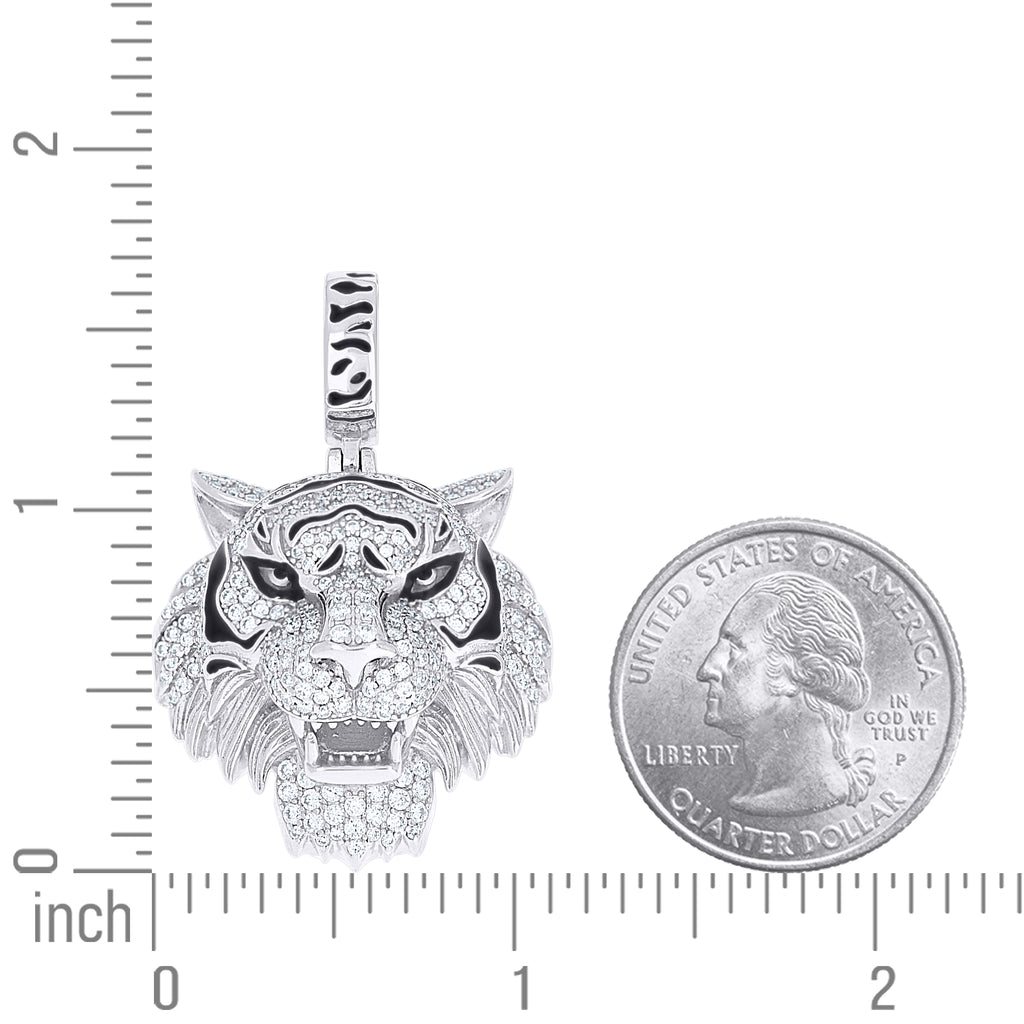 925 Sterling Silver Mens Moissanite Enameled Tiger Head Wildlife Pendant