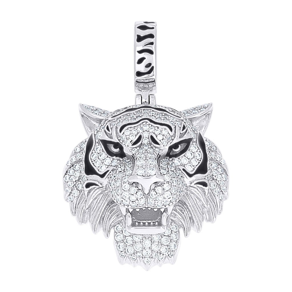 925 Sterling Silver Mens Moissanite Enameled Tiger Head Wildlife Pendant