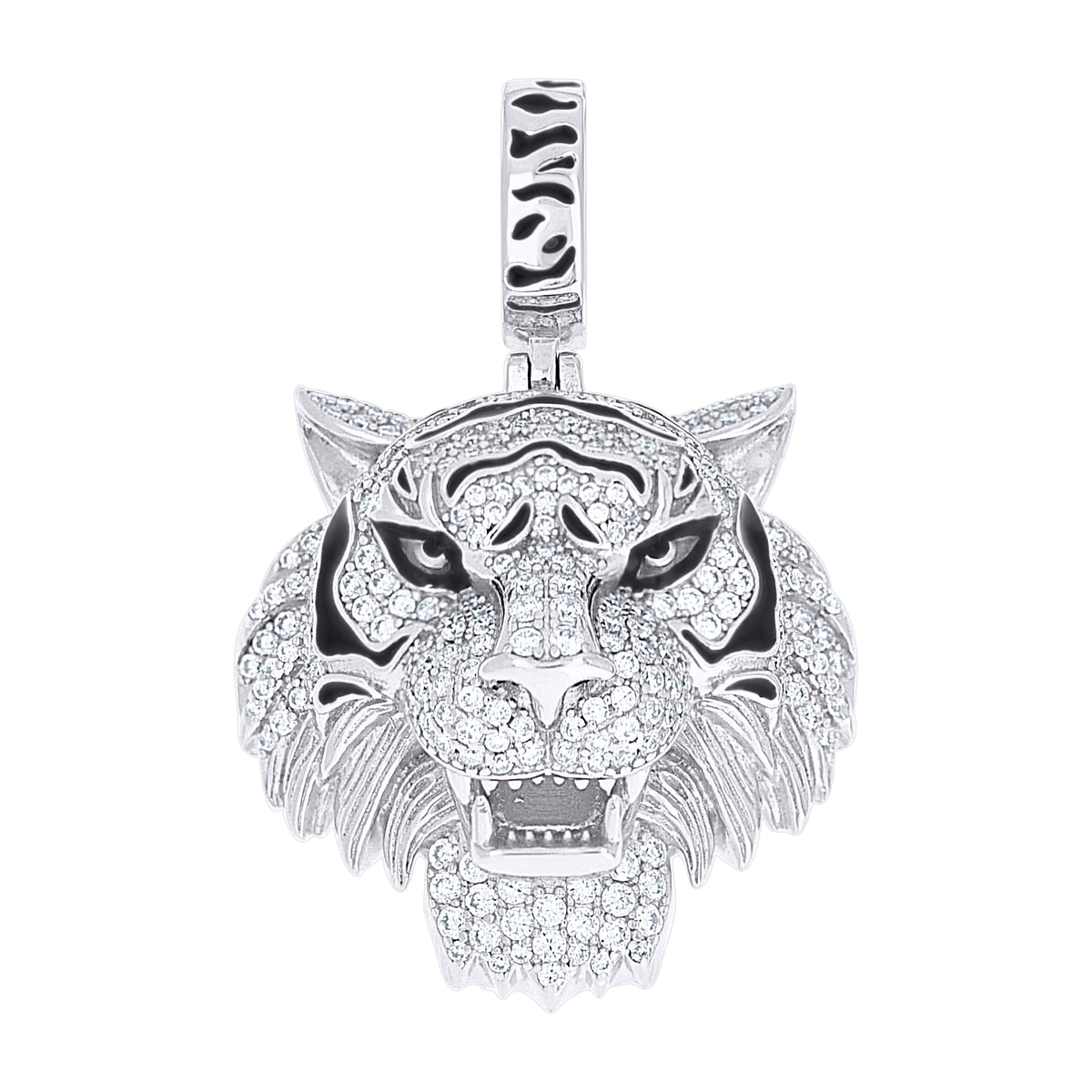 925 Sterling Silver Mens Moissanite Enameled Tiger Head Wildlife Pendant