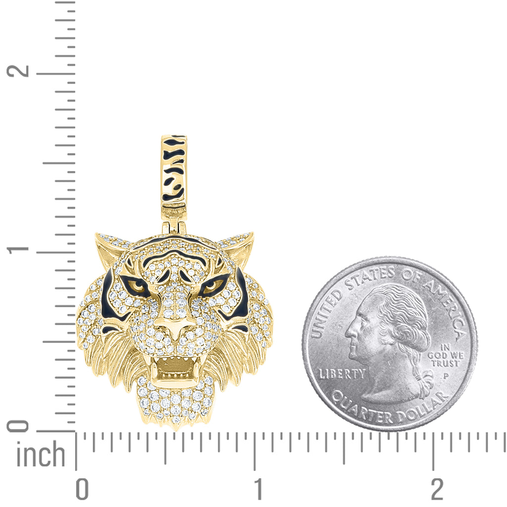 925 Sterling Silver Yellow-Tone Mens Moissanite Enameled Tiger Head Wildlife Pendant