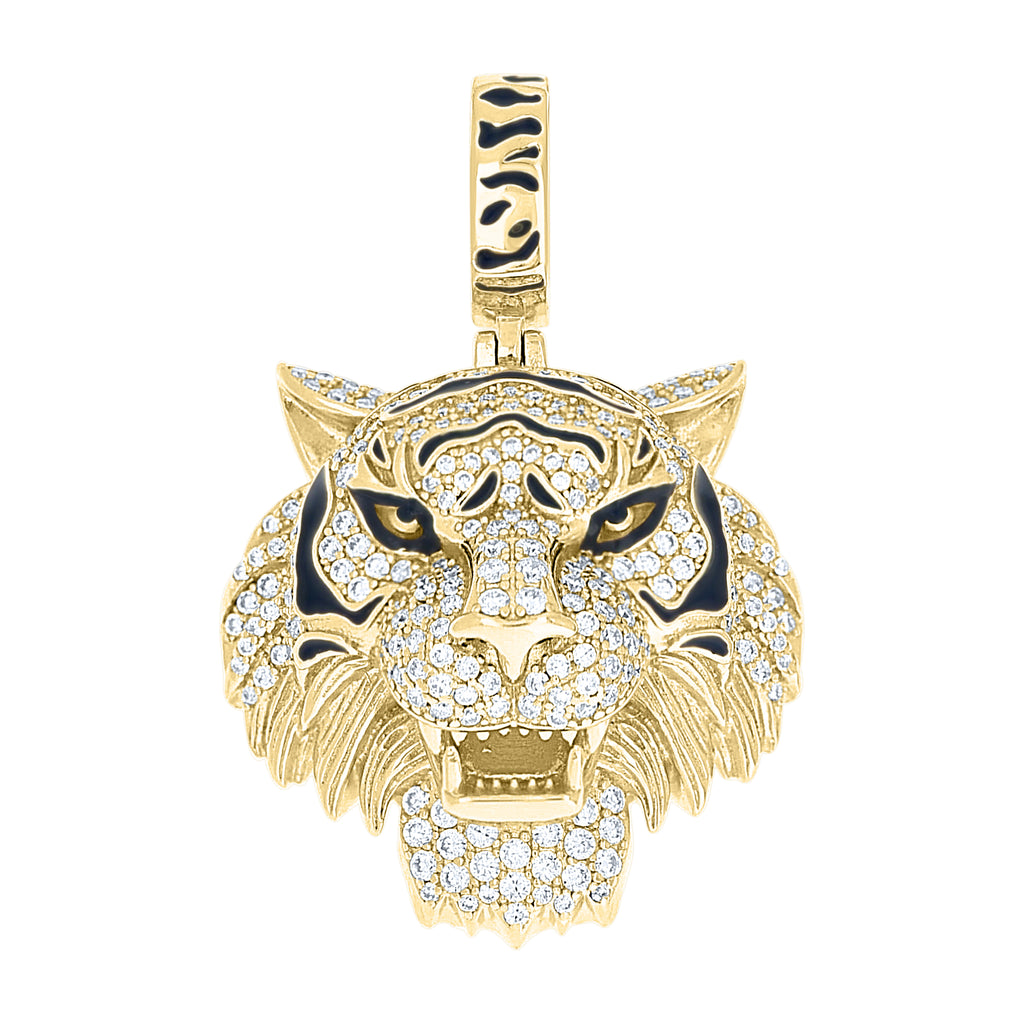 925 Sterling Silver Yellow-Tone Mens Moissanite Enameled Tiger Head Wildlife Pendant
