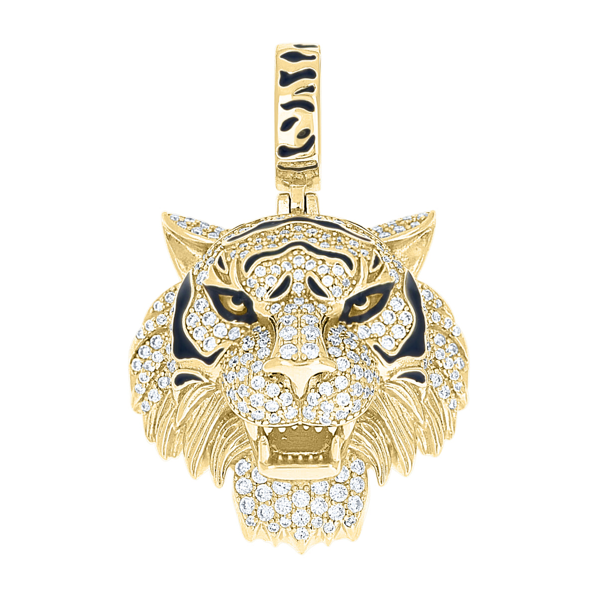 925 Sterling Silver Yellow-Tone Mens Moissanite Enameled Tiger Head Wildlife Pendant