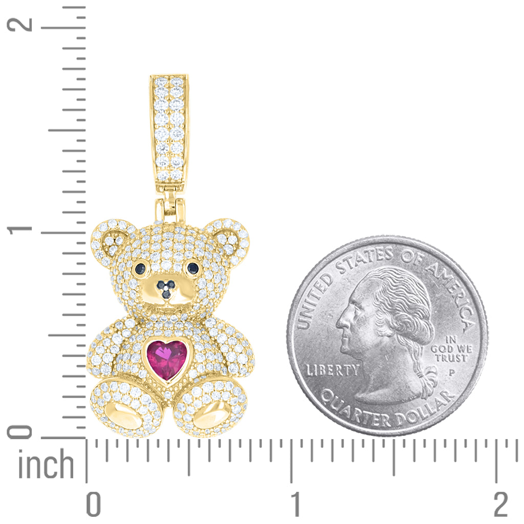 925 Sterling Silver Yellow-Tone Womens Black Purple White Heart Round Moissanite Teddy Bear Fashion Pendant