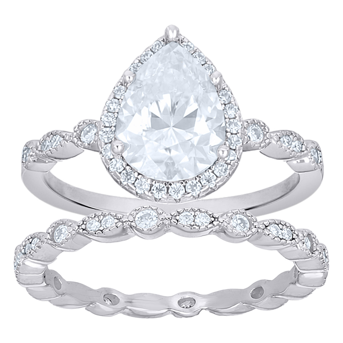 925 Sterling Silver Womens Pear Round Moissanite Duo Ring Set Size 8