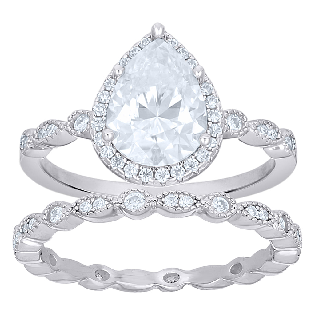 925 Sterling Silver Womens Pear Round Moissanite Duo Ring Set