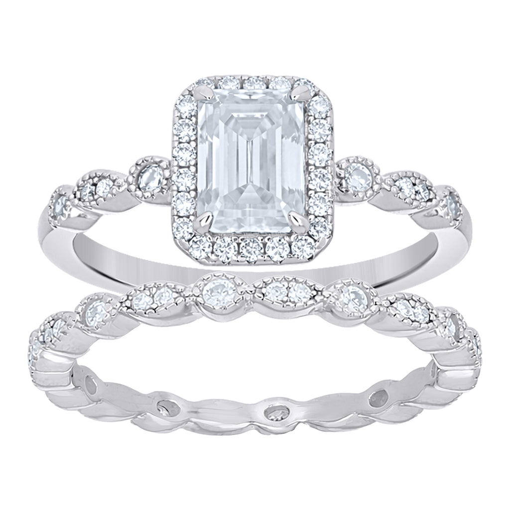 925 Sterling Silver Womens Emerald-Cut Round Moissanite Duo Ring Set Size 9